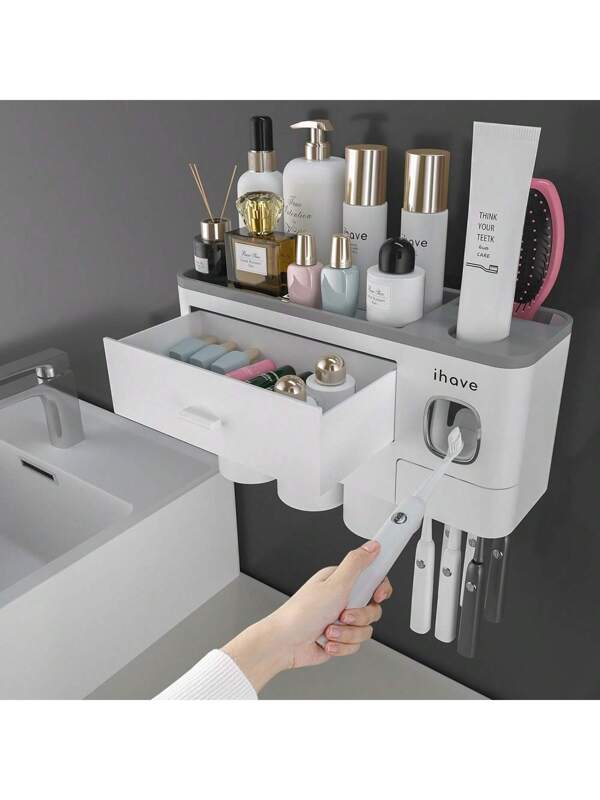 Toothbrush Holders For Bathrooms - Upgrade Wall Mounted Toothbrush Holder With Toothpaste Dispenser - 2/3/4 Cups, Large Capacity Tray, Cosmetic Drawer - Bathroom Decor & Bathroom Accessories White 3 Cup