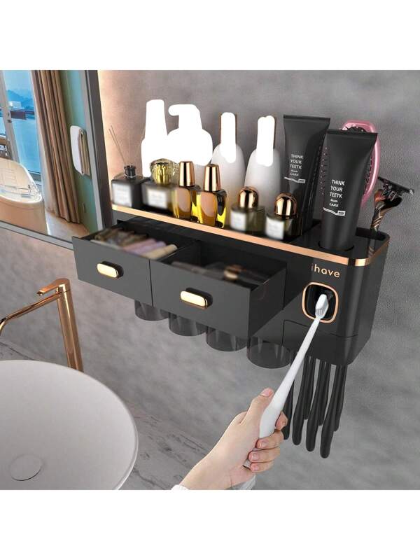 Toothbrush Holders For Bathrooms - Upgrade Wall Mounted Toothbrush Holder With Toothpaste Dispenser - 2/3/4 Cups, Large Capacity Tray, Cosmetic Drawer - Bathroom Decor & Bathroom Accessories Black Gold 4 Cup