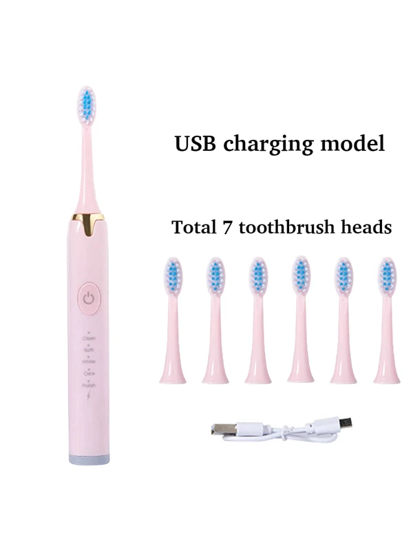 Portable Multifunctional Electric Toothbrush, Usb Rechargeable Sonic Toothbrush With 30s Area Switch Reminder, 2min Timer, Whitening Toothbrush, 6 Replacement Heads, Waterproof Oral Care Toothbrush, Ideal Choice For Men & Women Home Travel Use, Gift Pink