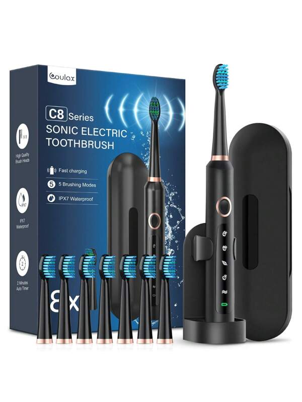 Electric Toothbrush, Electric Toothbrush Travel Toothbrush Rechargeable Teeth Rechargeable Teeth With 8 Brush Heads, Bag,5 Modes Black Black