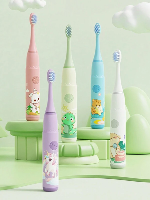 1pc Rechargeable/Battery-Operated Kids Electric Toothbrush, 4-Speed Settings With 6 Brush Heads Green