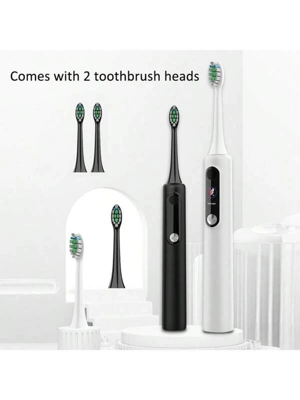 1 Powerful Display Screen Electric Toothbrush Equipped With 2 Toothbrush Heads, Multiple Brushing Modes, DIY Mode Brushing, Adjustable Brushing Time And Intensity, Regional Brushing Reminder, Suitable For Home, Dormitory, Travel, Camping, Large Battery Capacity, Easy To Carry Black