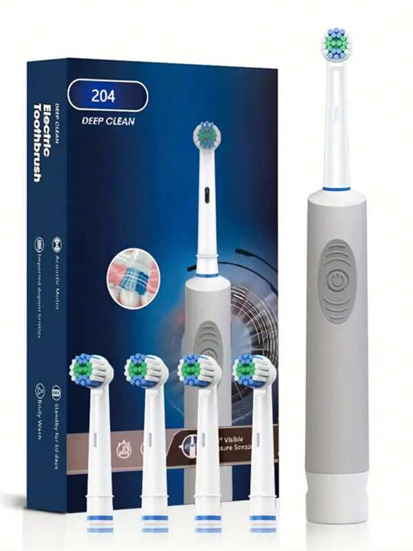 1pc New Grey & White Automatic Electric Toothbrush With Battery For Adults,  Toothbrush Designed For Men & Women, Waterproof, With Soft Brush Heads For Home, Dorm, Or Travel, Comes With 4 Replacement Brush Heads, Great Gift For Couples, Family Members, And Parents Multicolor