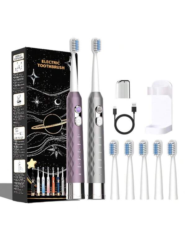 Couple Set, Magnetic Levitation Electric Toothbrush, 5 Smart Modes, USB Rechargeable,Diamond Element Pro Series, Adult Men And Women, Soft Bristle Couple Edition, Birthday Gift, Teeth Whitening, White, Black, Gum Care, Strong Cleaning Toothbrush, Gift For Parents, Friends, Siblings Gypsophila Series