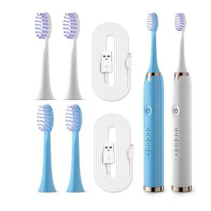 Portable Multi-Functional Usb Rechargeable Electric Toothbrush With 30s Zone Change Reminder, 2 Min Timer, Whitening Function, 3 Replacement Heads, Waterproof Oral Care Brush, Ideal For Men & Women Home Travel, Perfect Gift White & Blue