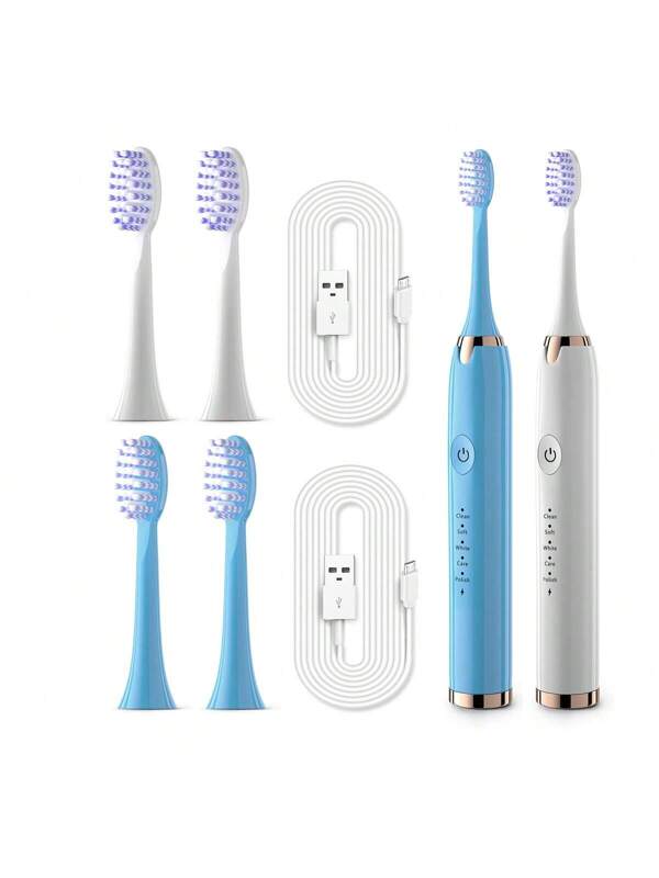 Portable Multi-Functional Usb Rechargeable Electric Toothbrush With 30s Zone Change Reminder, 2 Min Timer, Whitening Function, 3 Replacement Heads, Waterproof Oral Care Brush, Ideal For Men & Women Home Travel, Perfect Gift White & Blue