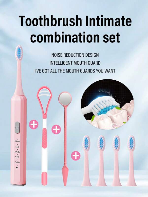 1set Adult Electric Toothbrush Set Includes: Rechargeable Electric Toothbrush 1 + Brush Head 5 + Tongue Coating Cleaning And Scraping 1 + Mouth Mirror 1 Electric Toothbrush Divided Into 5 Vibration Mode Built-In 30-Second Zone Change Reminder 2 Minutes Smart Timer IPX6 Waterproof Design Full Charge Life Long Brush Soft Is Your Best Choice Multicolor