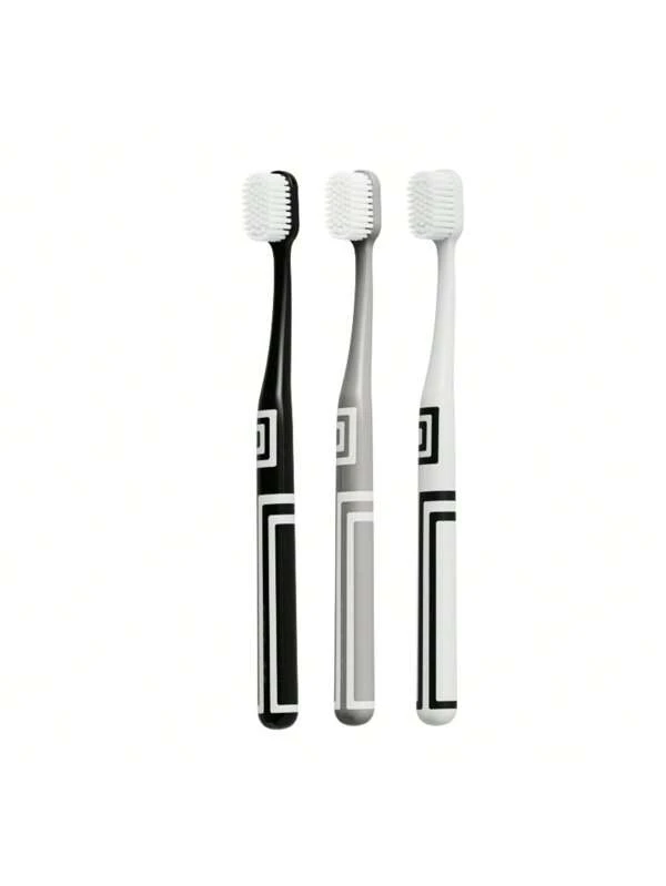 3pcs/Set Premium Soft Bristles Toothbrushes In Grey, White & Black For Adults, Home Use, Upgraded Wide Heads For Cleaning And Gum Care, Suitable For Students, Couples, Travel, Birthday, Holiday, Housewarming Gifts Multicolor