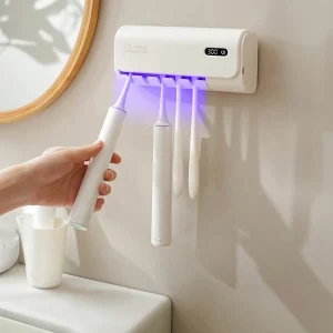 1pc Smart Automatic UV Toothbrush Sterilizer, 1800 MAh USB Charging Toothbrush Holder With Hot Air Drying And Automatic Sterilization, 5 Slots Wall Mounted Toothbrush Holder, Bathroom Toothbrush Sanitizer For Family Use, Bathroom Accessories Multicolor