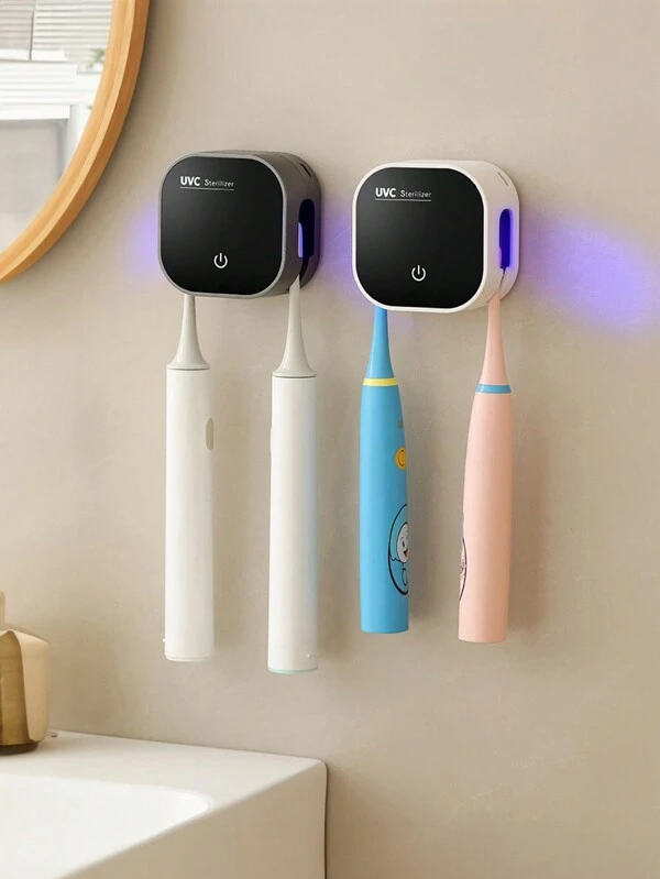 1pc Smart Automatic UV Toothbrush Sterilizer, Wall Mounted Toothbrush Holder With Automatic Sterilization, 2 Slots USB Charging Bathroom Toothbrush Sanitizer With Hot Air Drying Function, Toothbrush Sanitizing Cleaner For Family Use, Free Punching, Bathroom Accessories Multicolor