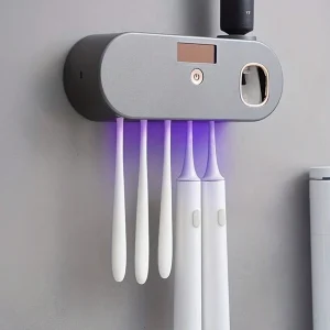 1pc Intelligent UV Toothbrush Sanitizer And Toothpaste Dispenser, USB Charging Wall Mounted Toothbrush Holder With Toothpaste Squeezer Device, 5 Slots Toothbrush Holder With Automatic Sterilization, Bathroom Toothbrush Sanitizer, Bathroom Storage, Bathroom Accessories Multicolor