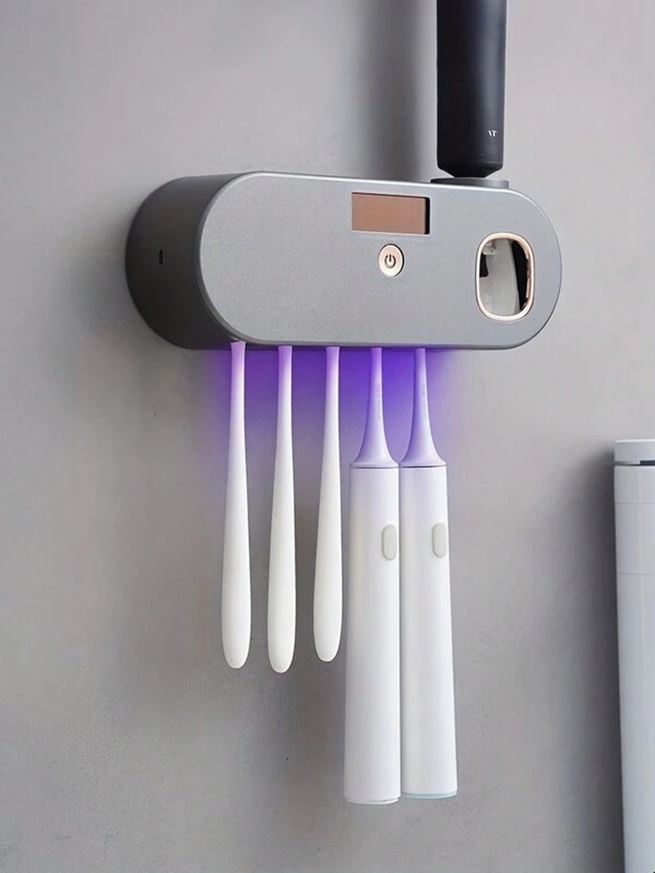 1pc Intelligent UV Toothbrush Sanitizer And Toothpaste Dispenser, USB Charging Wall Mounted Toothbrush Holder With Toothpaste Squeezer Device, 5 Slots Toothbrush Holder With Automatic Sterilization, Bathroom Toothbrush Sanitizer, Bathroom Storage, Bathroom Accessories Multicolor